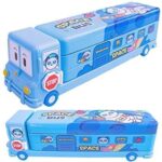 Mikki Tikki Multicolour Cartoon Printed School Bus Matal Pencil Box with Moving Tyres and Sharpner for Kids Geometry Box (Blue)